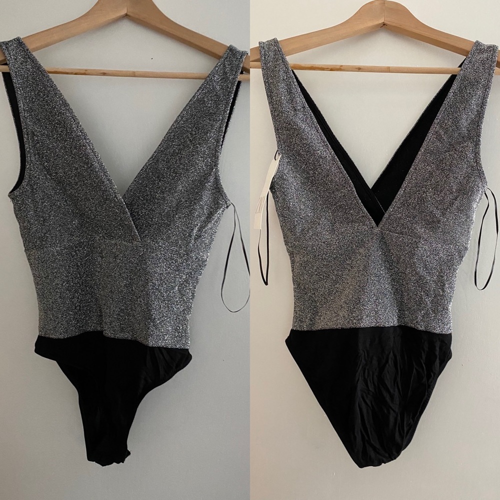Zara silver glitter deep v-neck bodysuit